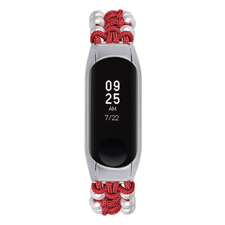 Pearl Decor Adjustable Braided Rope Wrist Strap Replacement Watchband for Xiaomi Mi Band 3/4 - Red