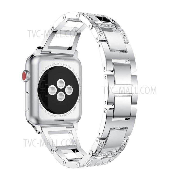 Trapezoid Design Rhinestones Decor Metal Smartwatch Strap Wrist Band for Apple Watch Series 9 / 8 / 7 41mm / 6 / 5 / 4 / SE (2023) / SE(2022) / SE 40mm / 3 / 2 / 1 38mm - Silver