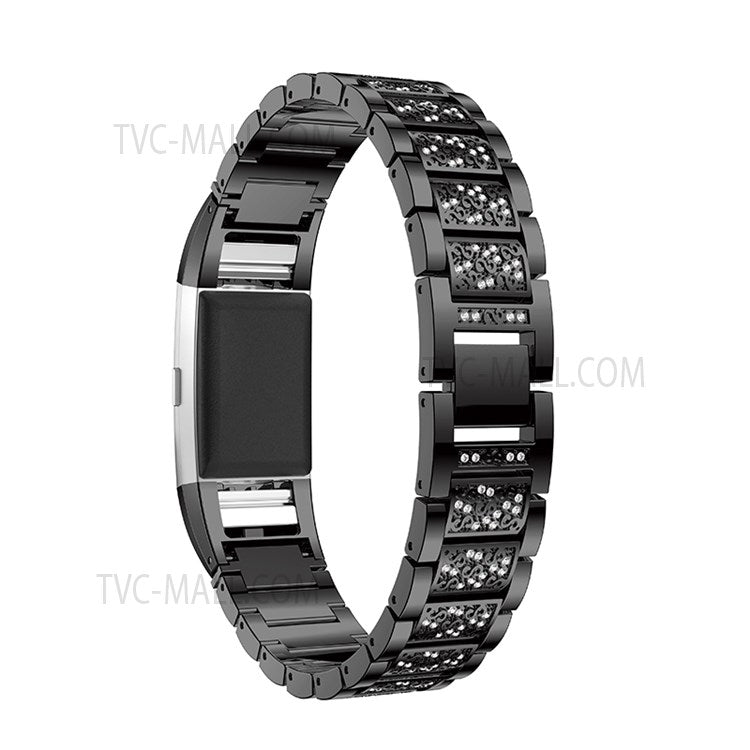 Three Beads Rhinestones Decor Metal Wrist Strap Replacement Watchband for Fitbit Charge 2/Charge 2 HR - Black