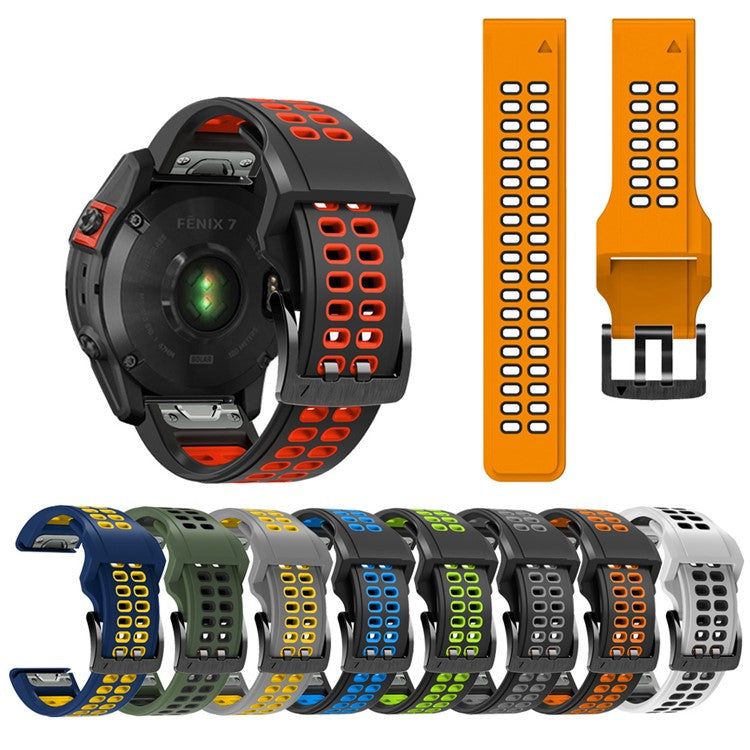 For Garmin Fenix 7X Dual-color Two Rows Holes Silicone Quick Release Watch Band Wrist Strap 26mm - Black/Blue