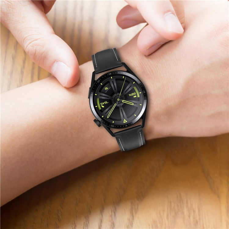 For Huawei Watch GT/Samsung Gear S3/Galaxy Watch 46mm Smart Watch Band 22mm Universal Stitching Line First Layer Cowhide Solid Color Strap - Light Brown