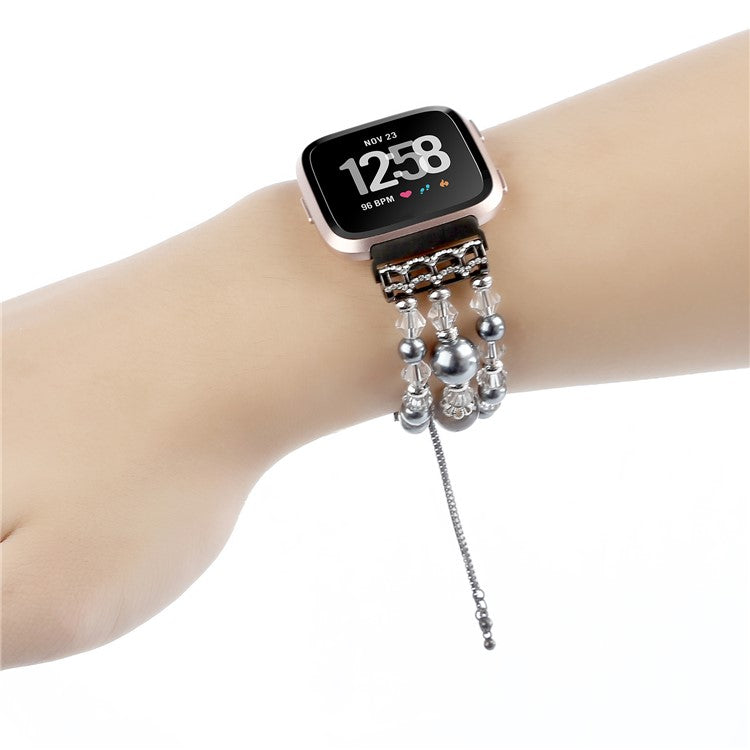 For Fitbit Versa/Versa 2/Versa Lite Fashion Agate Crystal Beads Slide Bracelet Watch Band Replacement for Women - Black