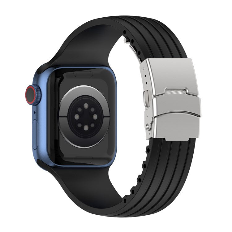 For Apple Watch Series 10 46mm / Ultra 2 Ultra 49mm / 9 8 7 45mm / SE (2023) SE (2022) SE 6 5 4 44mm / 3 2 1 42mm Stripe Silicone Watch Strap Quick Release Watch Band with Folding Clasp - Black