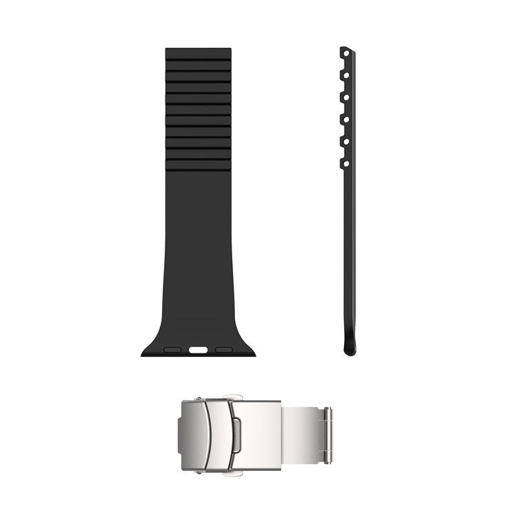 For Apple Watch Series 10 46mm / Ultra 2 Ultra 49mm / 9 8 7 45mm / SE (2023) SE (2022) SE 6 5 4 44mm / 3 2 1 42mm Stripe Silicone Watch Strap Quick Release Watch Band with Folding Clasp - Black