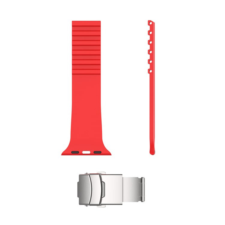 For Apple Watch Series 10 46mm / Ultra 2 Ultra 49mm / 9 8 7 45mm / SE (2023) SE (2022) SE 6 5 4 44mm / 3 2 1 42mm Stripe Silicone Watch Strap Quick Release Watch Band with Folding Clasp - Red