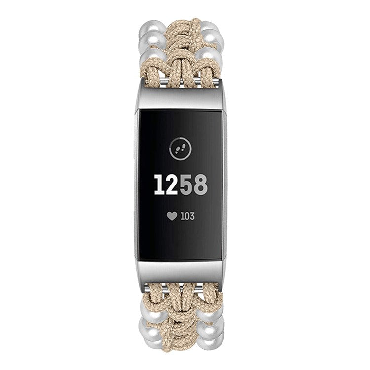 For Fitbit Charge 3/Charge 3 SE/Charge 4 Stylish Watch Band Pearl+Nylon Woven Replacement Wrist Strap - Apricot