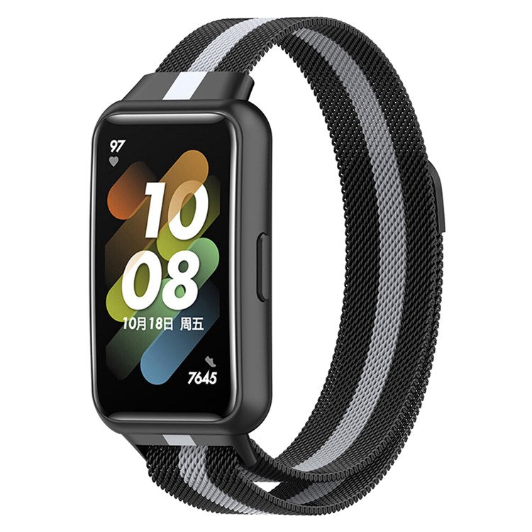 For Huawei Band 7 Magnetic Metal Smart Watch Band Replacement Adjustable Wrist Strap - Black / Grey