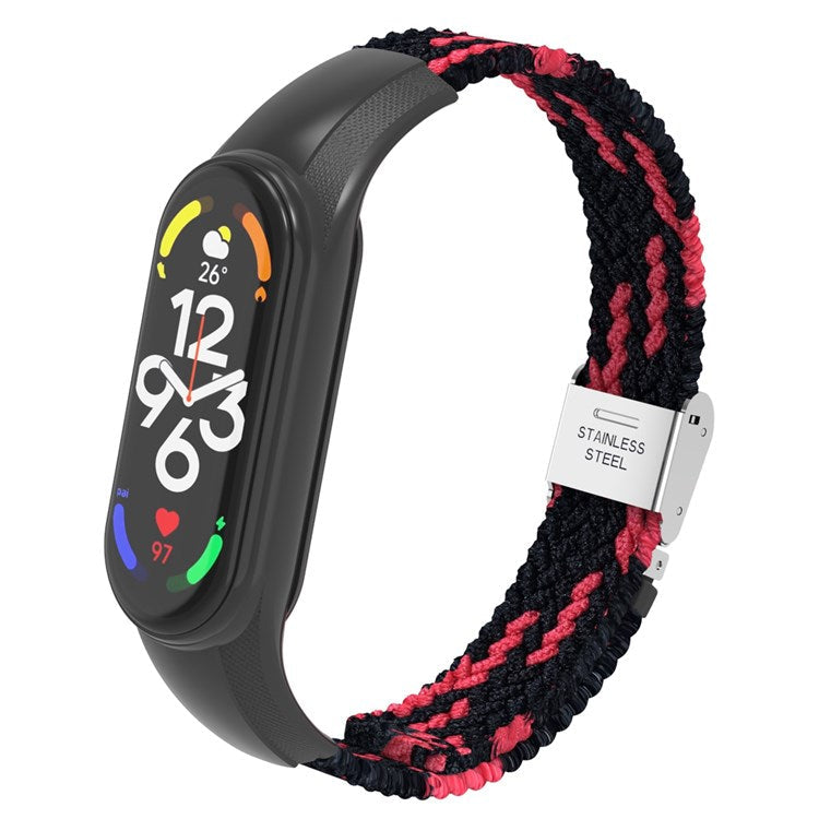 For Xiaomi Mi Band 7 Adjustable Nylon Braided Watch Band Replacement Wrist Strap with Stainless Steel Buckle - Black/Red