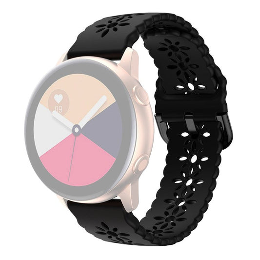 For Samsung Galaxy Watch4 40mm/44mm/Watch4 Classic 42mm/Garmin Venu 2 Plus Plum Blossom Silicone Band 20mm Soft Hollowed-out Sport Strap Wristband - Black