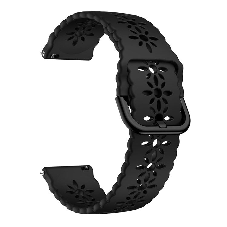 For Samsung Galaxy Watch4 40mm/44mm/Watch4 Classic 42mm/Garmin Venu 2 Plus Plum Blossom Silicone Band 20mm Soft Hollowed-out Sport Strap Wristband - Black