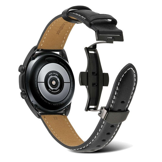 For Samsung Galaxy Watch4 40mm/44mm/Garmin Venu 2 Plus 20mm Replacement Genuine Leather Watch Strap Stitching Line Wrist Band - Black
