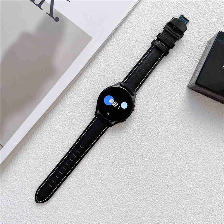 For Samsung Galaxy Watch4 40mm/44mm/Garmin Venu 2 Plus 20mm Replacement Genuine Leather Watch Strap Stitching Line Wrist Band - Black