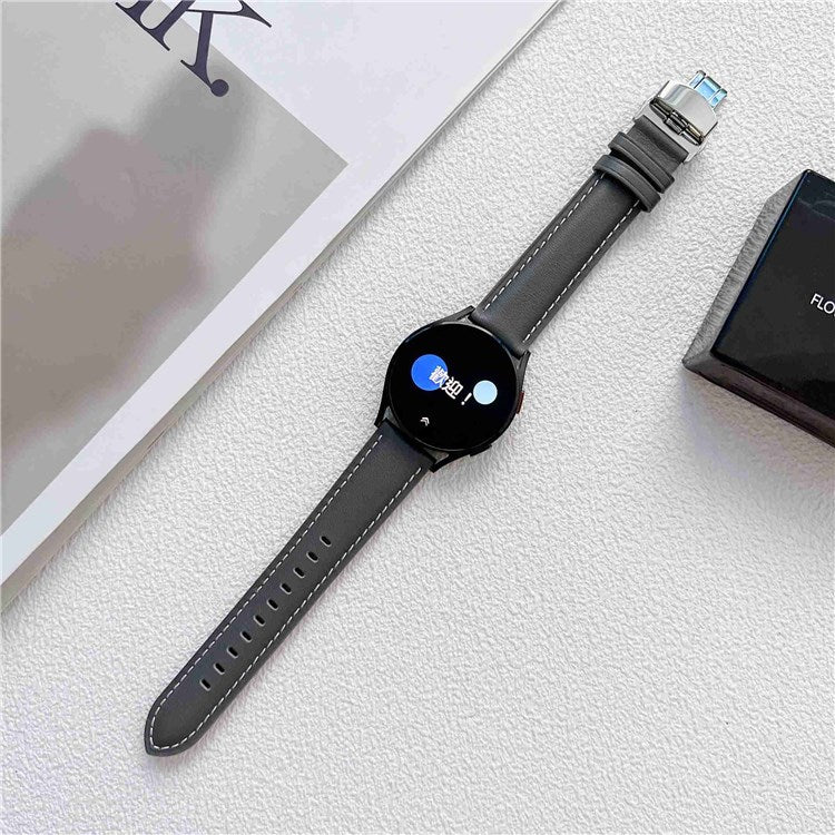 For Samsung Galaxy Watch4 40mm/44mm/Garmin Venu 2 Plus 20mm Replacement Genuine Leather Watch Strap Stitching Line Wrist Band - Dark Grey
