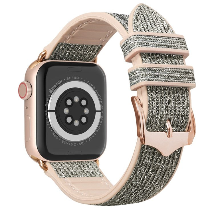 For Apple Watch Series 10 42mm / 9 8 7 41mm / 6 5 4 SE SE (2022) SE (2023) 40mm / 3 2 1 38mm Shiny Glitter Watch Band PU Leather Coated Silicone Strap Replacement - Black