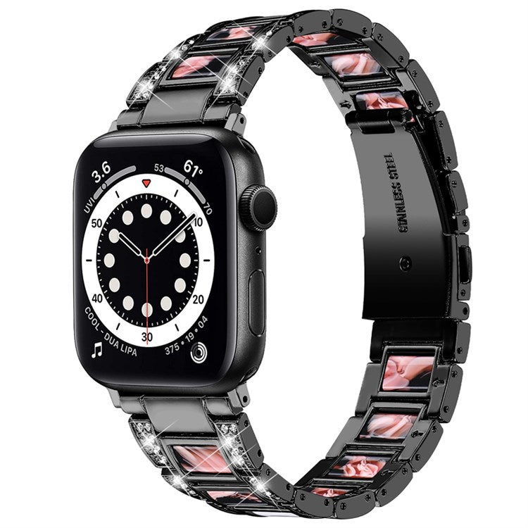 For Apple Watch Series 10 42mm / 9 8 7 41mm / 6 5 4 SE SE (2022) SE (2023) 40mm / 3 2 1 38mm Stainless Steel Resin Watch Band Rhinestone Decor Wrist Strap - Black / Black Pink Mix