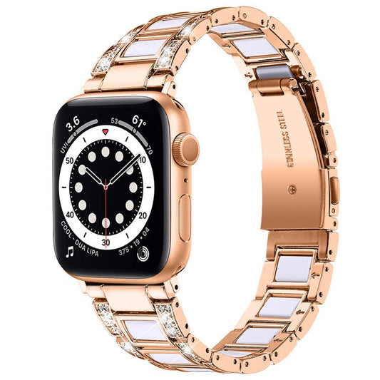 For Apple Watch Series 10 42mm / 9 8 7 41mm / 6 5 4 SE SE (2022) SE (2023) 40mm / 3 2 1 38mm Stainless Steel Resin Watch Band Rhinestone Decor Wrist Strap - Rose Gold / White