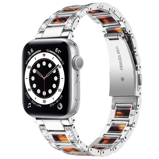For Apple Watch Series 10 46mm / Ultra 2 Ultra 49mm / 9 8 7 45mm / SE (2023) SE (2022) SE 6 5 4 44mm / 3 2 1 42mm  Stainless Steel Resin Watch Band Rhinestone Decor Strap - Silver / Tortoiseshell Color