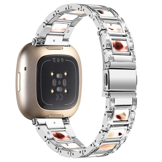For Fitbit Versa 3/Sense Stainless Steel Resin Watch Band Stylish Rhinestone Decor Wrist Strap Replacement - Silver/Nougat Pattern
