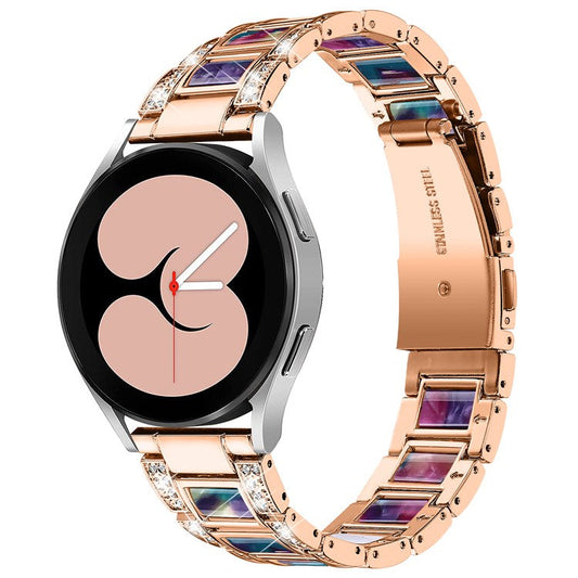 For Samsung Galaxy Watch4 Active 40mm/44mm/Watch4 Classic 42mm/46mm Stainless Steel Resin Watch Band Wrist Strap with Rhinestone Decor - Rose Gold/Colorful
