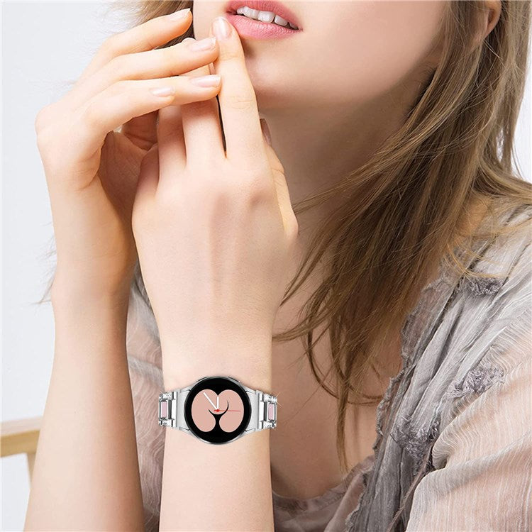 For Samsung Galaxy Watch4 Active 40mm/44mm/Watch4 Classic 42mm/46mm Shiny Rhinestone Watch Strap Stainless Steel Resin Wrist Band Replacement - Silver/Pink