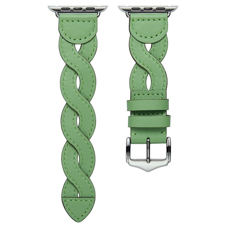A030 For Apple Watch Series 10 46mm / Ultra 2 Ultra 49mm / 9 8 7 45mm / SE (2023) SE (2022) SE 6 5 4 44mm / 3 2 1 42mm Woven Design Watch Band Top Layer Cowhide Leather Replacement Strap - Green