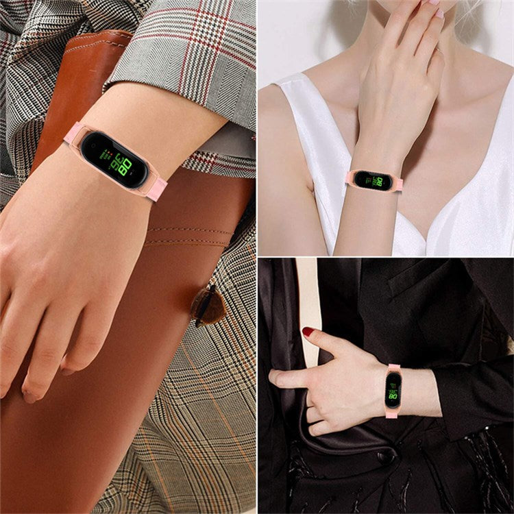 For Xiaomi Mi Band 7 Bamboo Grain Top Layer Cowhide Leather Buckle Design Watch Band with Rose Gold Watch Cover - Pink