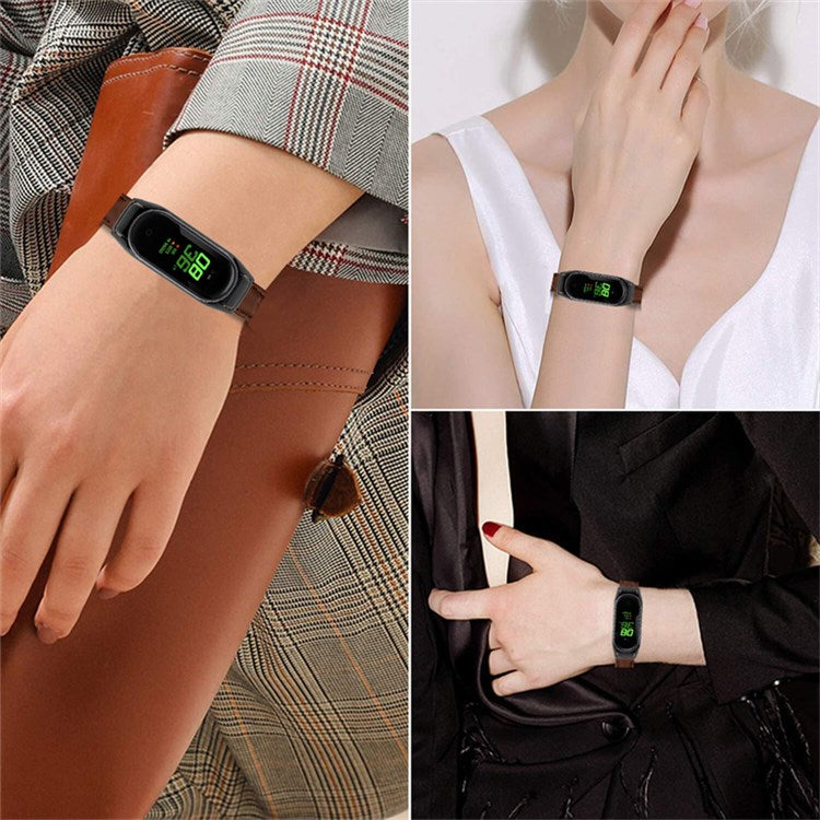For Xiaomi Mi Band 7 Top Layer Cowhide Leather Bamboo Grain Watch Band with Anti-fall Black Watch Cover - Brown