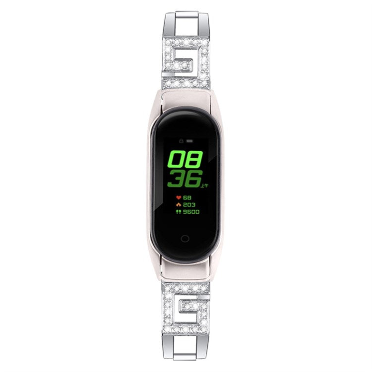 For Xiaomi Mi Band 7 G Letter Rhinestones Decor Stainless Steel Watch Strap Replacement Wrist Band - Silver