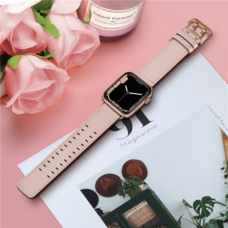 For Apple Watch Series 10 46mm / Ultra 2 Ultra 49mm / 9 8 7 45mm / SE (2023) SE (2022) SE 6 5 4 44mm / 3 2 1 42mm Genuine Leather Watch Band Quick Release Strap Replacement - Pink