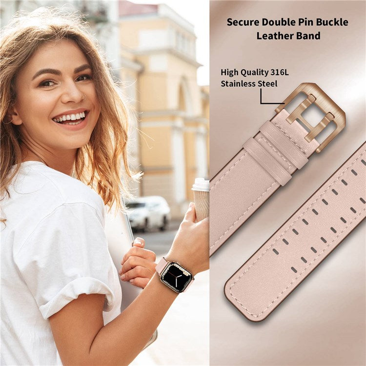 For Apple Watch Series 10 46mm / Ultra 2 Ultra 49mm / 9 8 7 45mm / SE (2023) SE (2022) SE 6 5 4 44mm / 3 2 1 42mm Genuine Leather Watch Band Quick Release Strap Replacement - Pink