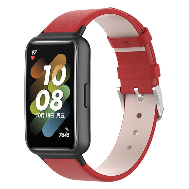 For Huawei Band 7 Genuine Leather Watch Band Replacement Strap with Metal Silver Buckle - Red