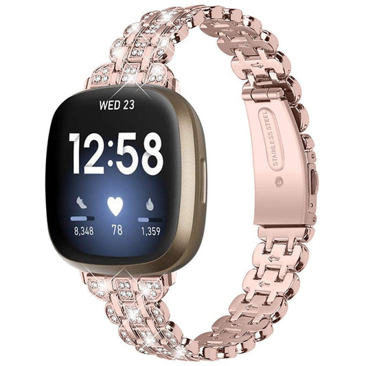 For Fitbit Versa 3 / Fitbit Sense Rhinestone Decor Metal Smart Watch Band Buckle Design Watch Strap - Rose Pink