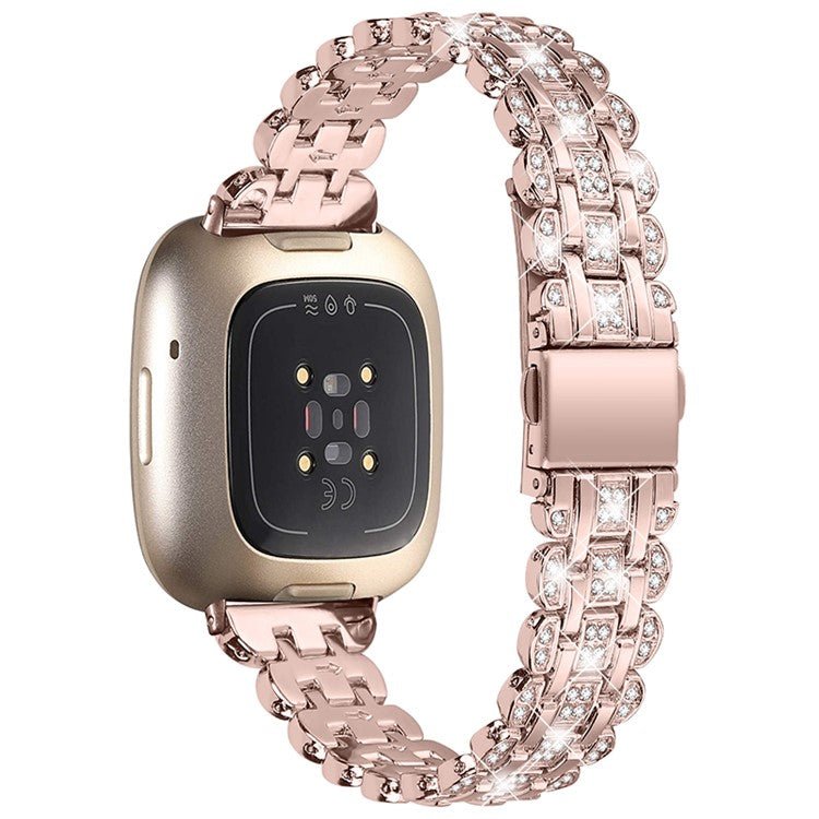 For Fitbit Versa 3 / Fitbit Sense Rhinestone Decor Metal Smart Watch Band Buckle Design Watch Strap - Rose Pink