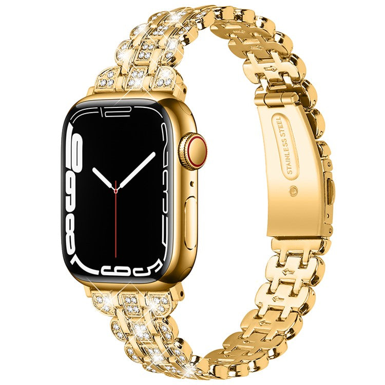 For Apple Watch Series 10 46mm / Ultra 2 Ultra 49mm / Series 9 8 7 45mm / SE (2023) SE (2022) SE 6 5 4 44mm / 3 2 1 42mm Watch Strap Stainless Steel Rhinestone Decor Wrist Band - Gold