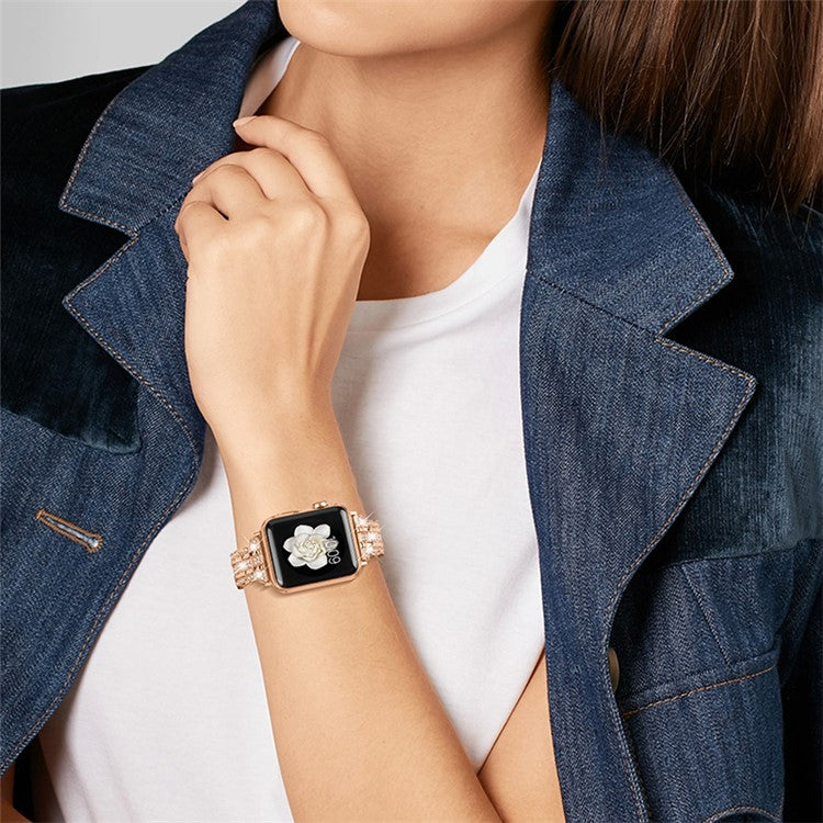 Watch Strap for Apple Watch Series 10 9 8 7 SE 6 5 4 3 2 1 42mm 41mm 40mm 38mm Stainless Steel Rhinestone Bracelet Band - Rose Gold