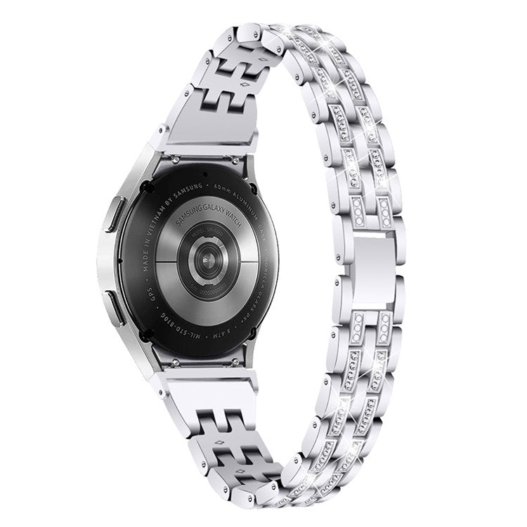 For Samsung Galaxy Watch4 Active 40mm / 44mm / Watch4 Classic 42mm / 46mm Bracelet Metal Watch Band 5 Beads 2 Rows Bling Rhinestone Replacement Strap - Silver