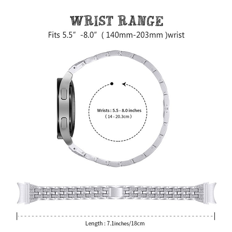 For Samsung Galaxy Watch4 Active 40mm / 44mm / Watch4 Classic 42mm / 46mm Bracelet Metal Watch Band 5 Beads 2 Rows Bling Rhinestone Replacement Strap - Silver
