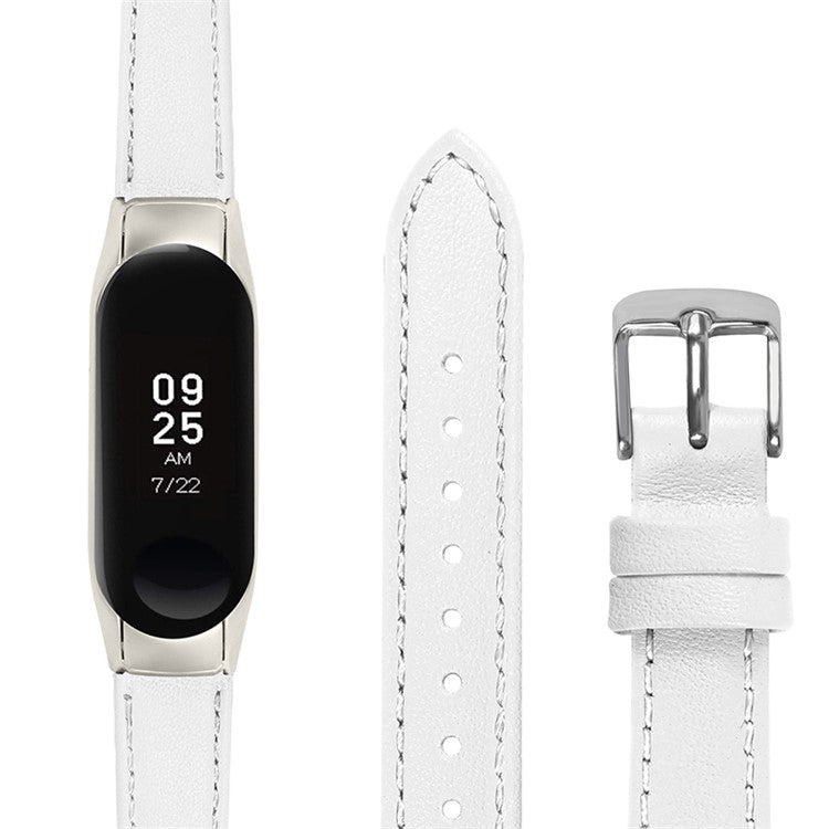 For Xiaomi Mi Band 7 Genuine Cowhide Leather Watch Band Adjustable Wrist Strap with Silver Watch Case - White