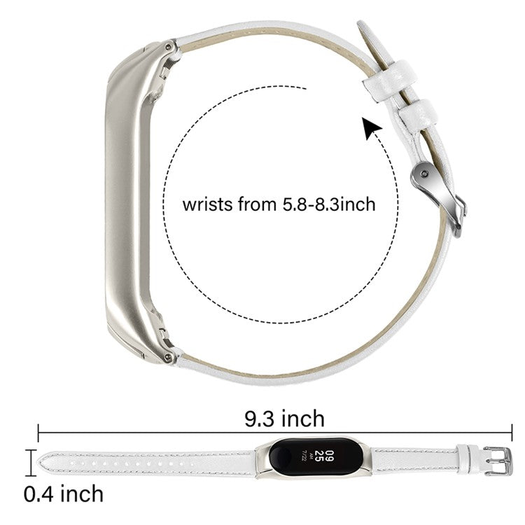 For Xiaomi Mi Band 7 Genuine Cowhide Leather Watch Band Adjustable Wrist Strap with Silver Watch Case - White