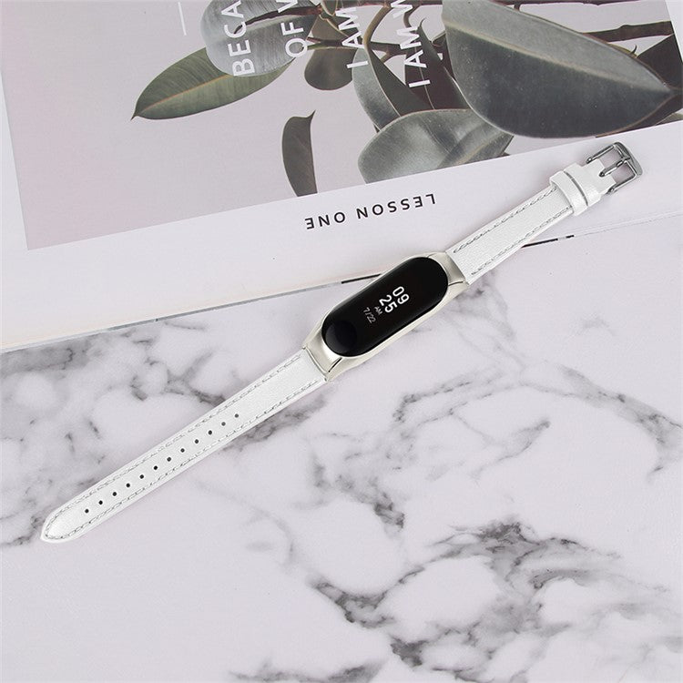 For Xiaomi Mi Band 7 Genuine Cowhide Leather Watch Band Adjustable Wrist Strap with Silver Watch Case - White