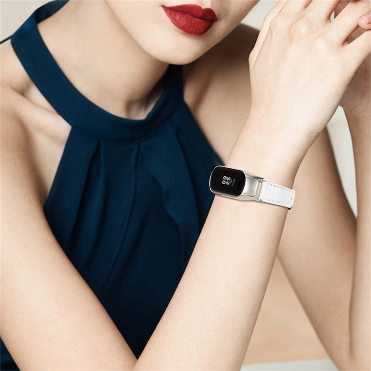 For Xiaomi Mi Band 7 Genuine Cowhide Leather Watch Band Adjustable Wrist Strap with Silver Watch Case - White