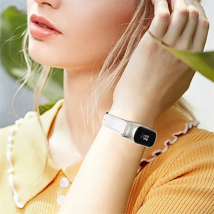 For Xiaomi Mi Band 7 Genuine Cowhide Leather Watch Band Adjustable Wrist Strap with Silver Watch Case - White