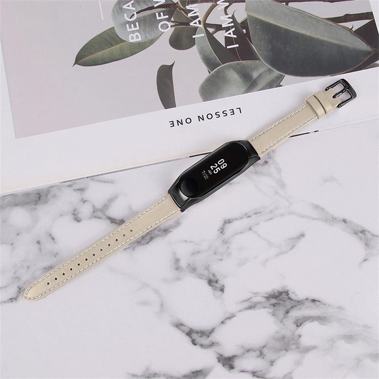 For Xiaomi Mi Band 7 Genuine Cowhide Leather Watch Strap Replacement Watchband with Black Watch Case - Apricot