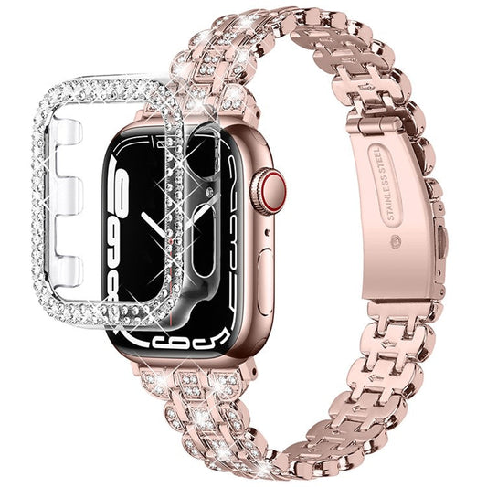 Watch Band for Apple Watch SE 44mm / SE (2022) 44mm  /  Series 4  /  5  /  6 44mm, Rhinestone Decor Stainless Steel Stylish Wrist Strap with Hard PC Watch Case - Pink  /  Gold