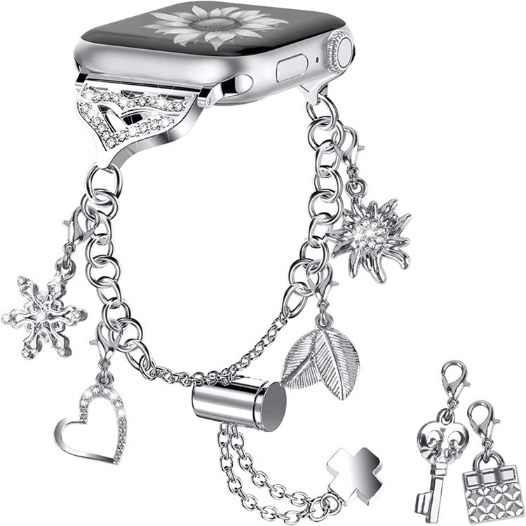 For Apple Watch Series 10 46mm / Ultra 2 Ultra 49mm / Series 9 8 7 45mm / SE (2023) SE (2022) SE 6 5 4 44mm / 3 2 1 42mm Smart Watch Band Multiple Pendant Design Bracelet Wrist Strap - Silver