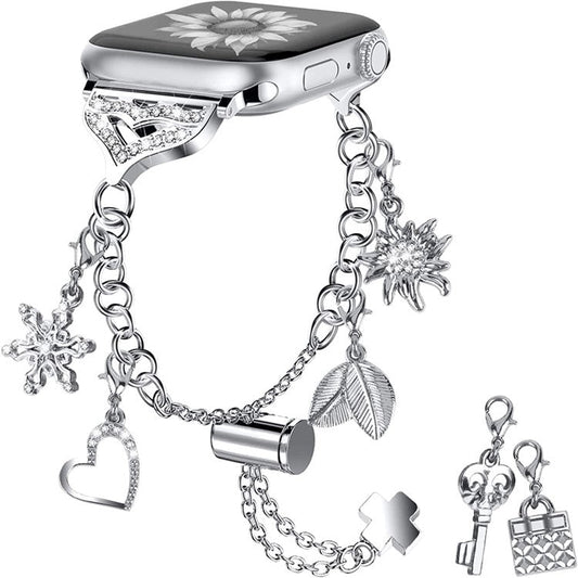 For Apple Watch Series 10 46mm / Ultra 2 Ultra 49mm / Series 9 8 7 45mm / SE (2023) SE (2022) SE 6 5 4 44mm / 3 2 1 42mm Smart Watch Band Multiple Pendant Design Bracelet Wrist Strap - Silver