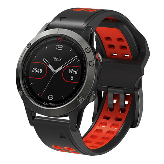For Garmin Fenix 7 / 6 / 5 Soft Silicone Sport Replacement Band Quick Release Dual Color Watch Strap - Black / Red