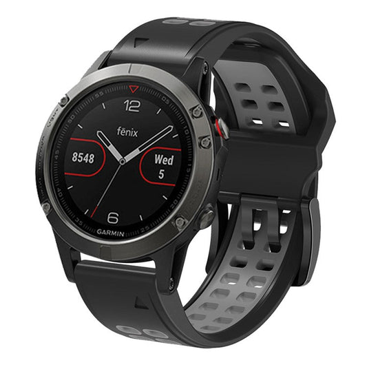 For Garmin Fenix 7 / 6 / 5 Soft Silicone Sport Replacement Band Quick Release Dual Color Watch Strap - Black / Grey