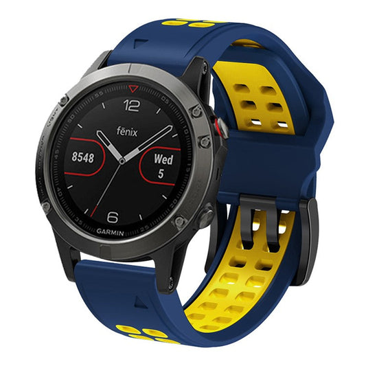 For Garmin Fenix 7 / 6 / 5 Soft Silicone Sport Replacement Band Quick Release Dual Color Watch Strap - Dark Blue / Yellow