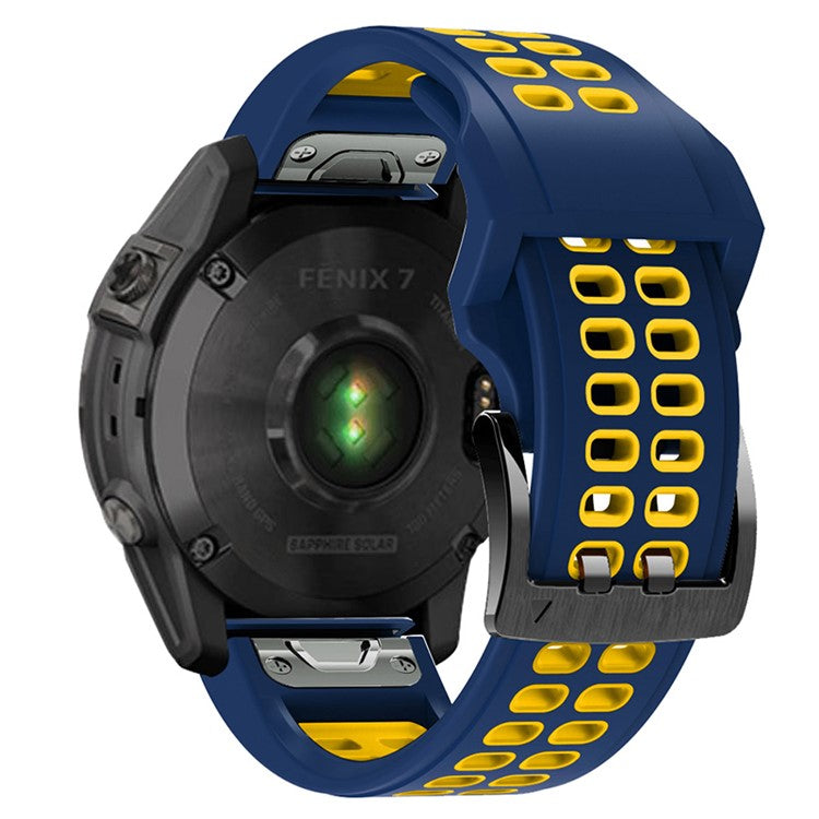 For Garmin Fenix 7 / 6 / 5 Soft Silicone Sport Replacement Band Quick Release Dual Color Watch Strap - Dark Blue / Yellow
